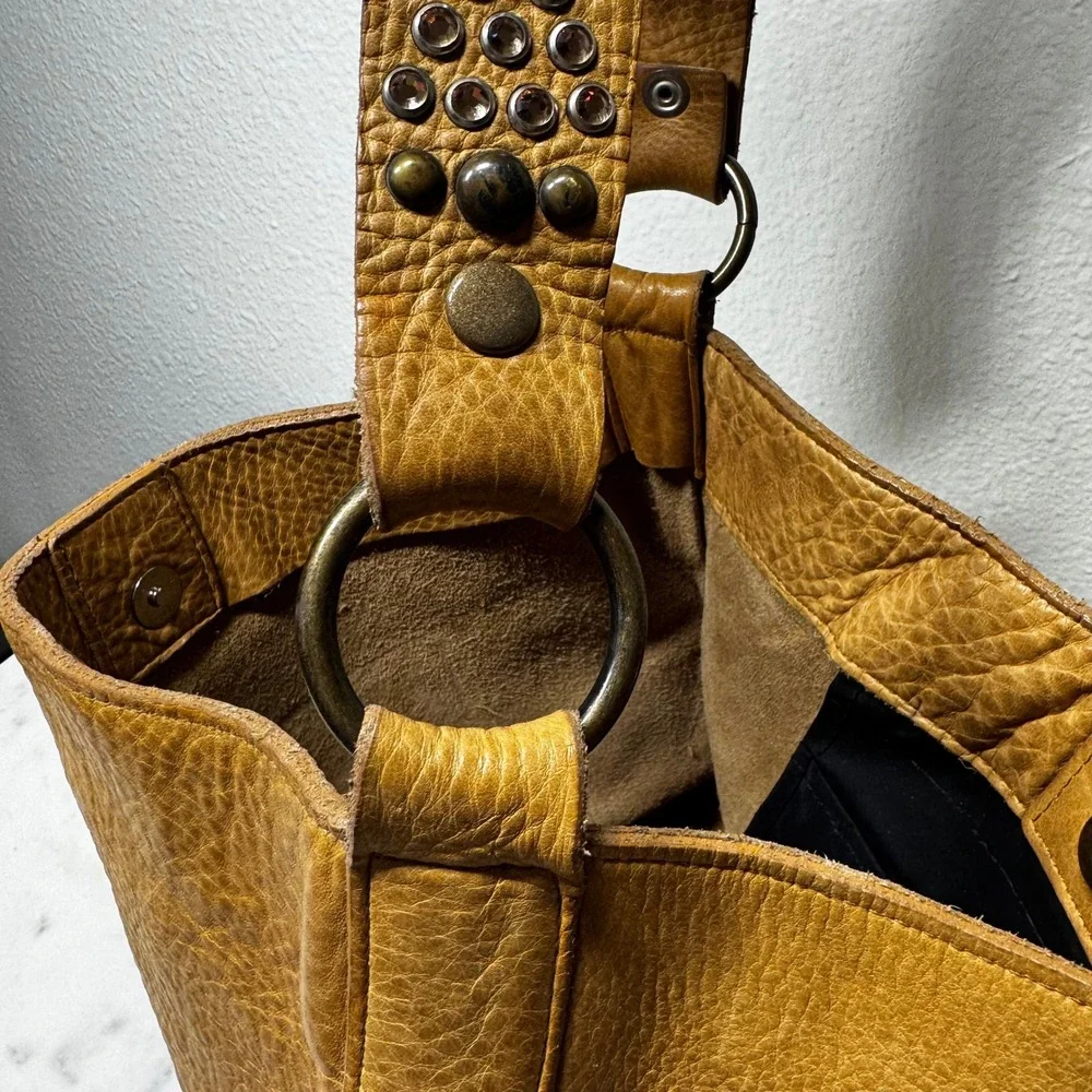 Two Bar West Tan Pebbled Leather Studded Crystal Strap Western Hobo Shoulder Bag